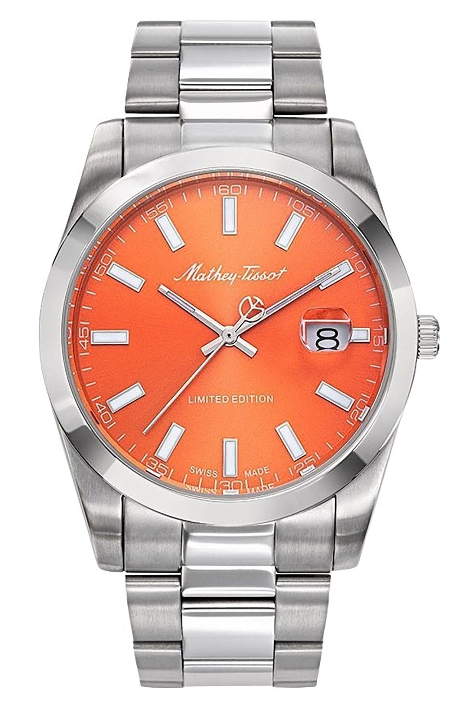 Mathey-Tissot Mathy Sunray Date display Orange Stainless steel Male H451OR.-.MT. A brand-new Mathey-Tissot Mathy watch featuring a Orange dial and a Stainless steel strap. Front view.