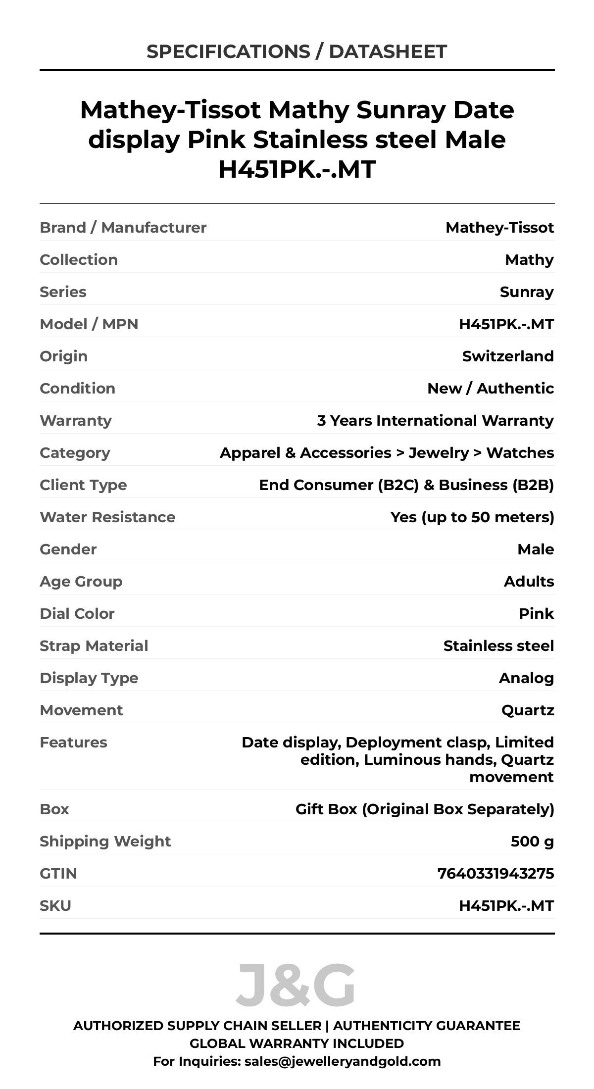 Mathey-Tissot Mathy Sunray Date display Pink Stainless steel Male H451PK.-.MT - Specifications