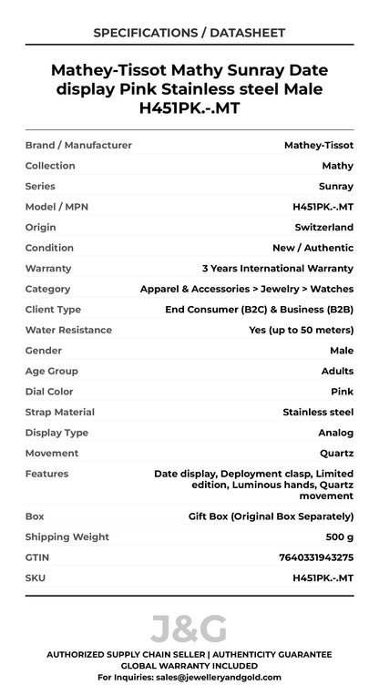 Mathey-Tissot Mathy Sunray Date display Pink Stainless steel Male H451PK.-.MT - Specifications