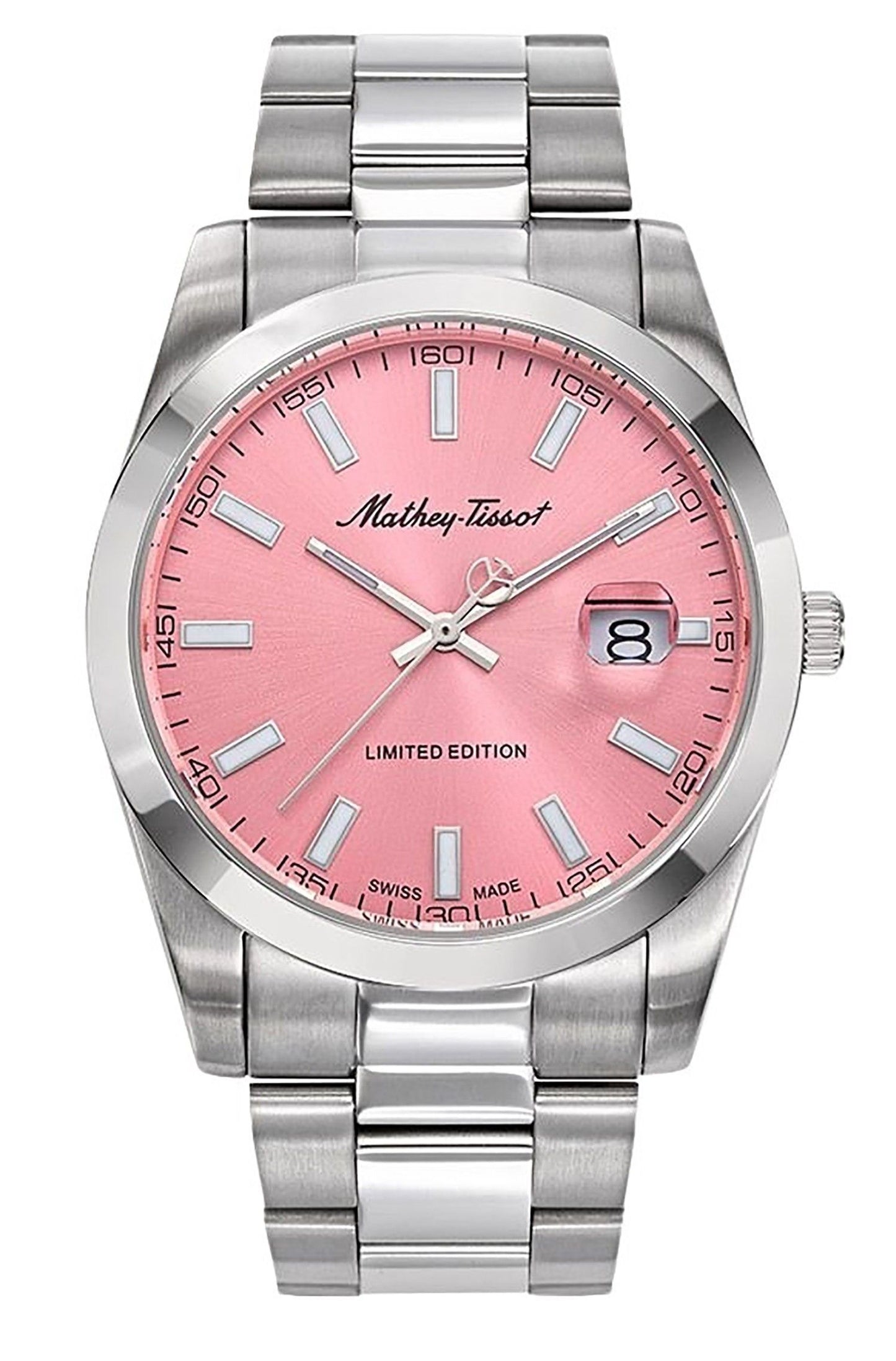Mathey-Tissot Mathy Sunray Date display Pink Stainless steel Male H451PK.-.MT. A brand-new Mathey-Tissot Mathy watch featuring a Pink dial and a Stainless steel strap. Front view.