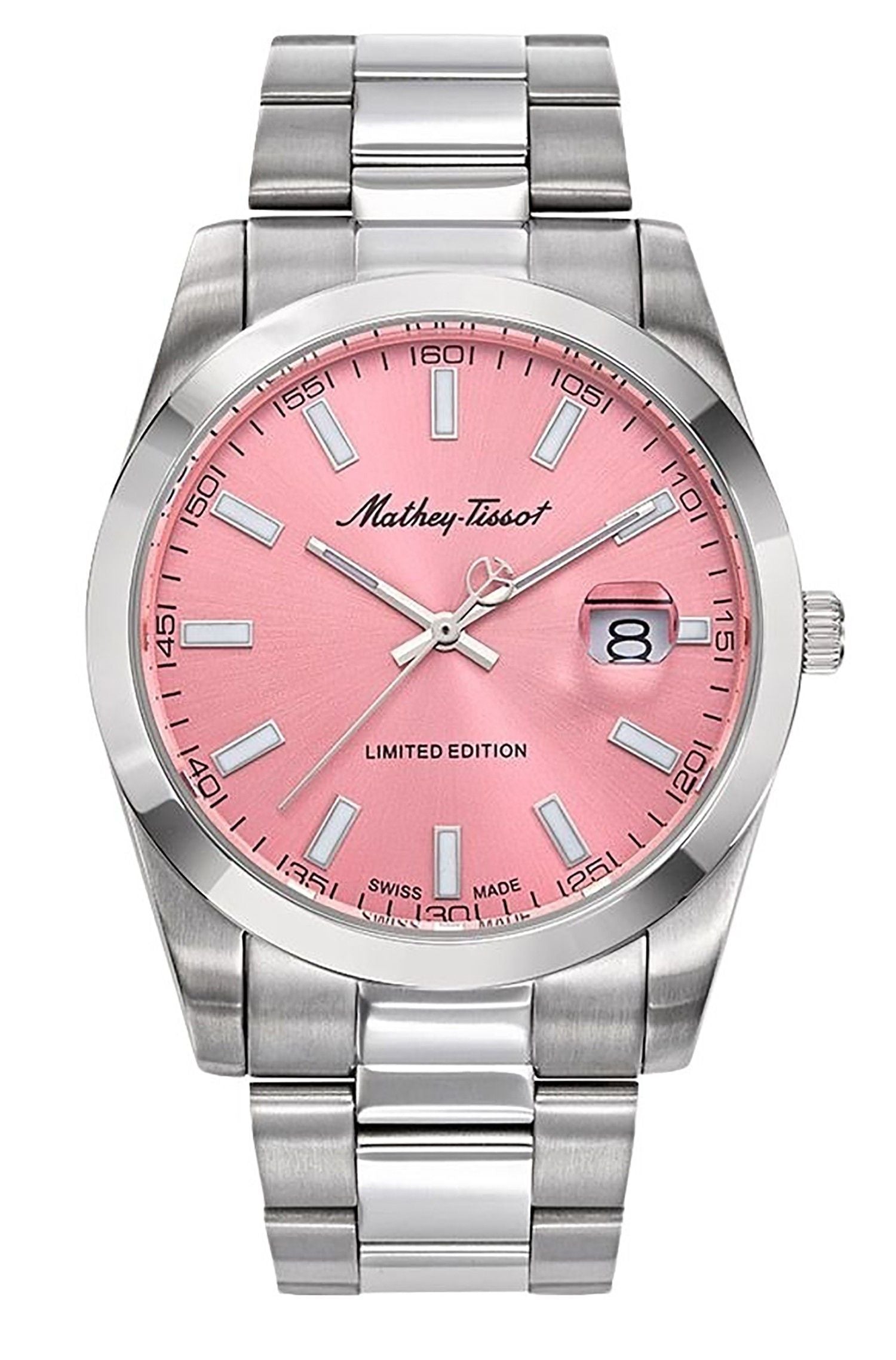 Mathey-Tissot Mathy Sunray Date display Pink Stainless steel Male H451PK.-.MT. A brand-new Mathey-Tissot Mathy watch featuring a Pink dial and a Stainless steel strap. Front view.