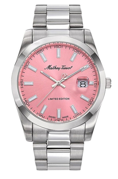 Mathey-Tissot Mathy Sunray Date display Pink Stainless steel Male H451PK.-.MT. A brand-new Mathey-Tissot Mathy watch featuring a Pink dial and a Stainless steel strap. Front view.