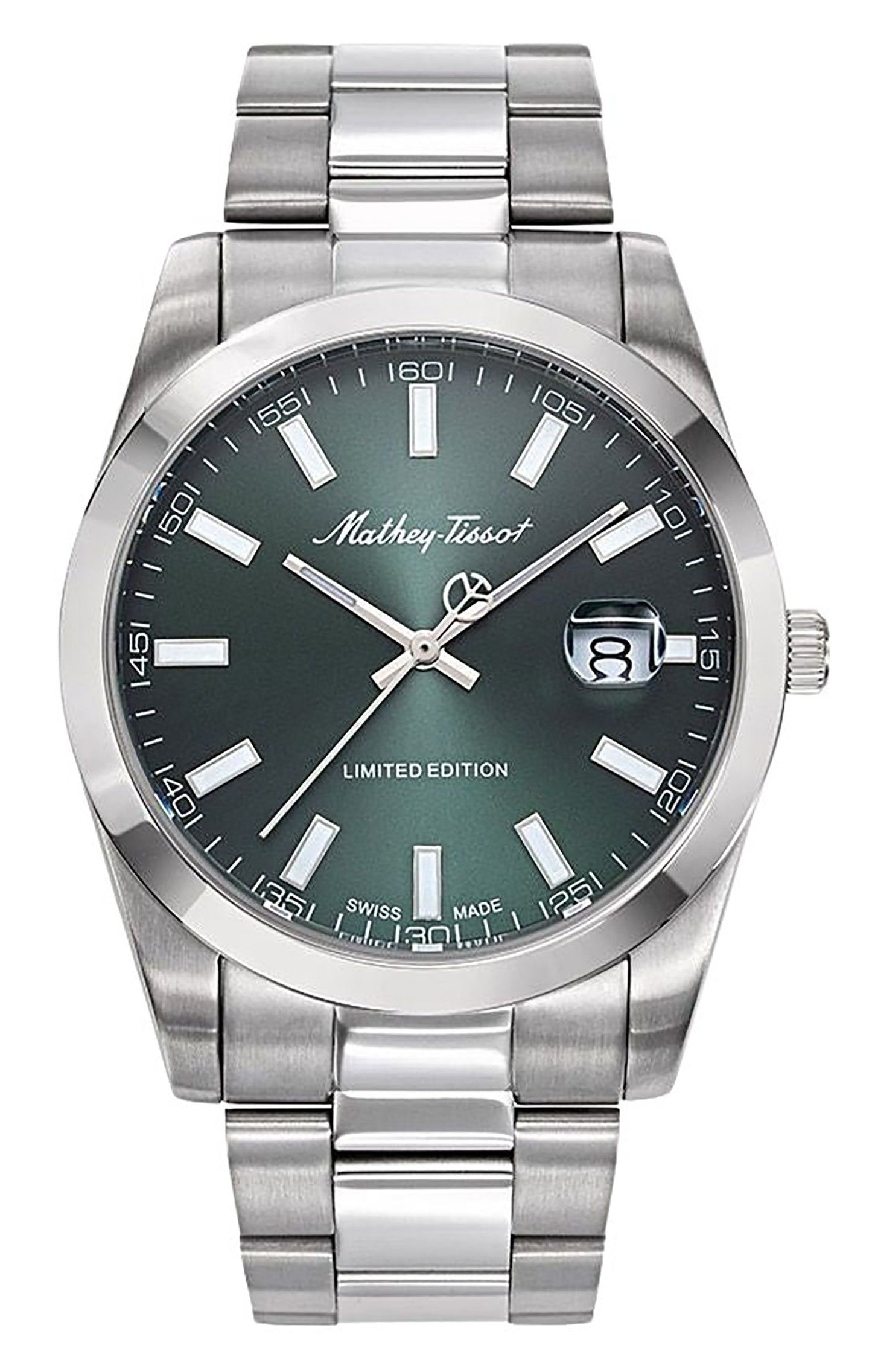 Mathey-Tissot Mathy Sunray Date display Green Stainless steel Male H451VE.-.MT. A brand-new Mathey-Tissot Mathy watch featuring a Green dial and a Stainless steel strap. Front view.