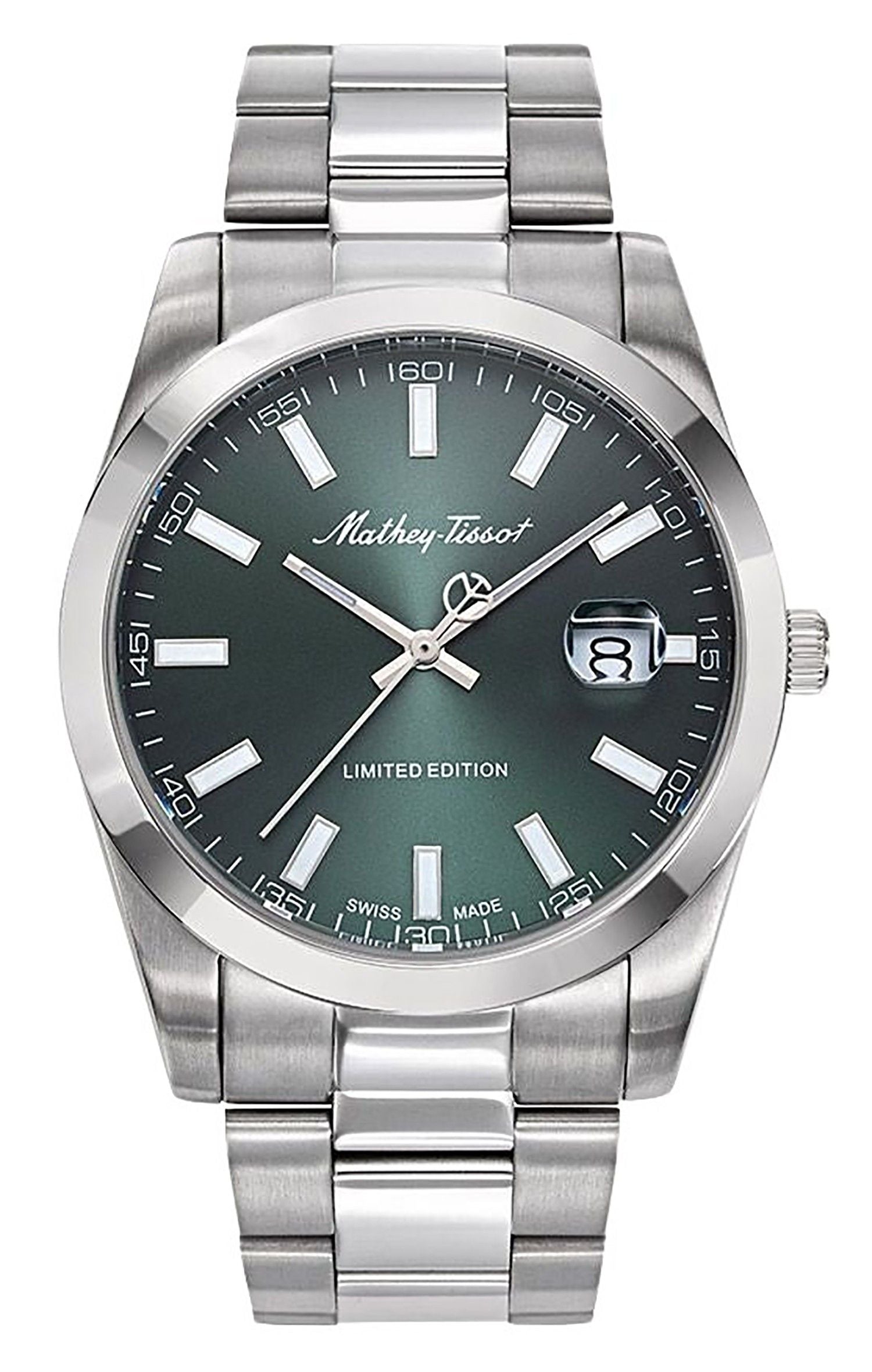 Mathey-Tissot Mathy Sunray Date display Green Stainless steel Male H451VE.-.MT. A brand-new Mathey-Tissot Mathy watch featuring a Green dial and a Stainless steel strap. Front view.