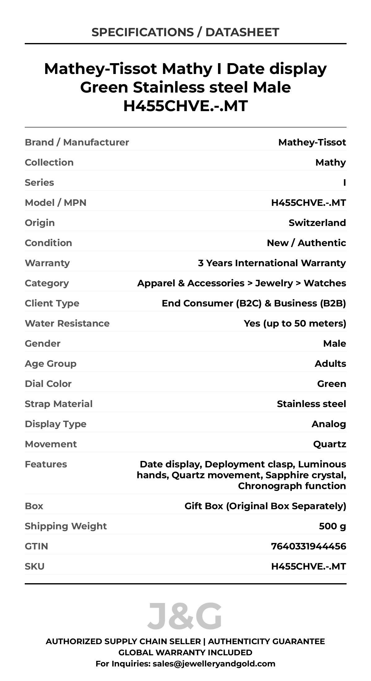 Mathey-Tissot Mathy I Date display Green Stainless steel Male H455CHVE.-.MT - Specifications