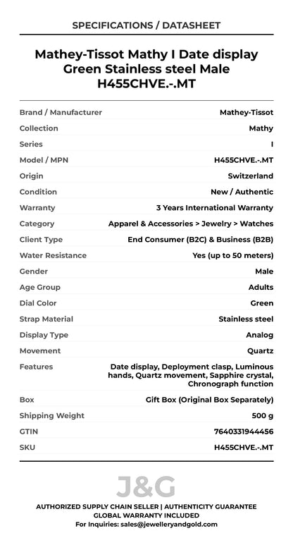 Mathey-Tissot Mathy I Date display Green Stainless steel Male H455CHVE.-.MT - Specifications