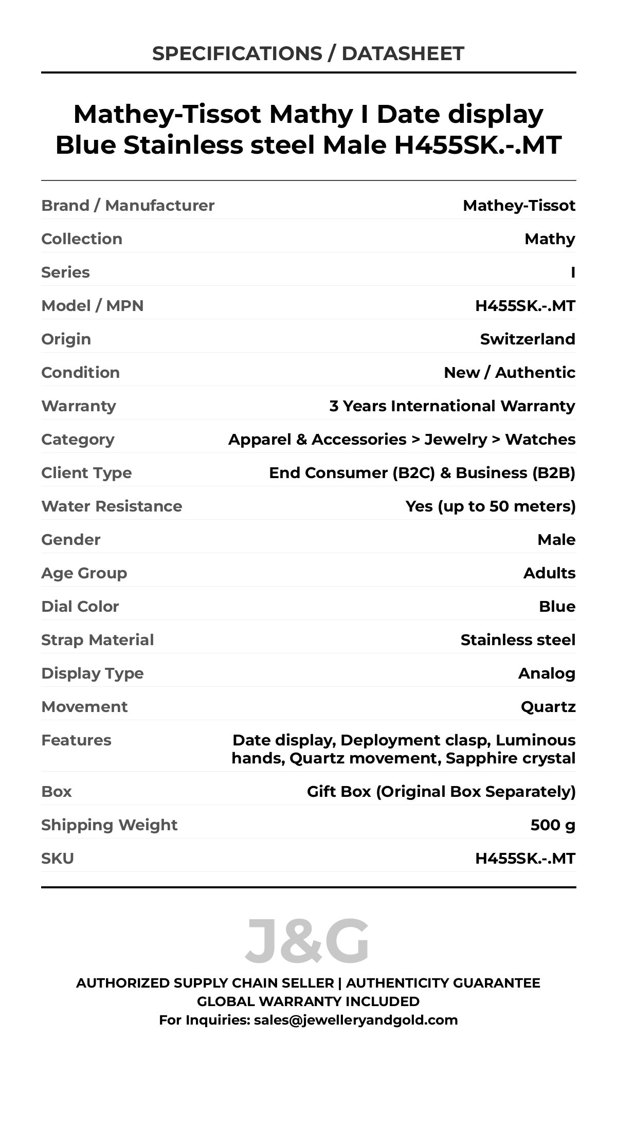 Mathey-Tissot Mathy I Date display Blue Stainless steel Male H455SK.-.MT - Specifications