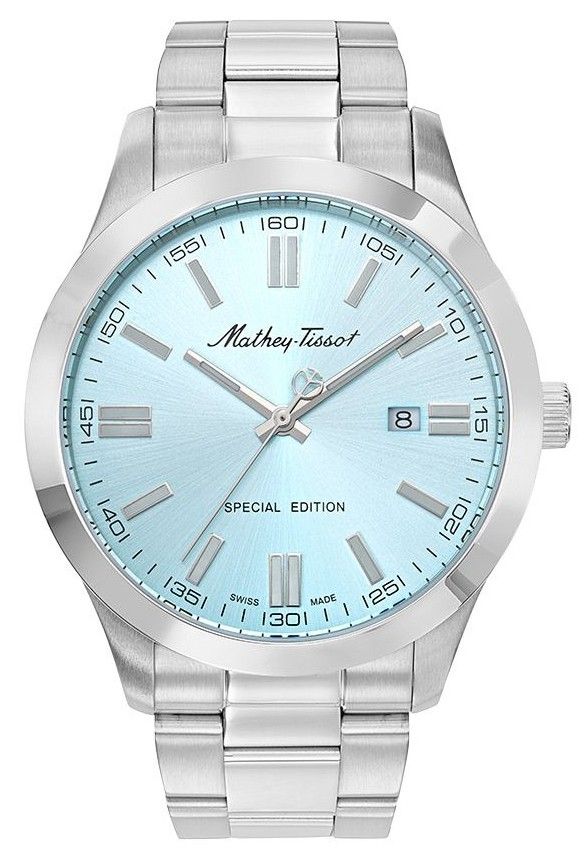 Mathey-Tissot Mathy I Date display Blue Stainless steel Male H455SK.-.MT. A brand-new Mathey-Tissot Mathy watch featuring a Blue dial and a Stainless steel strap. Angled view.