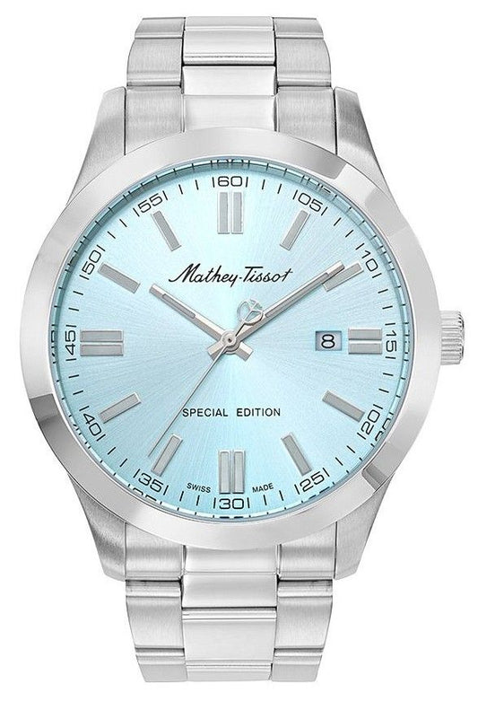 Mathey-Tissot Mathy I Date display Blue Stainless steel Male H455SK.-.MT. A brand-new Mathey-Tissot Mathy watch featuring a Blue dial and a Stainless steel strap. Angled view.