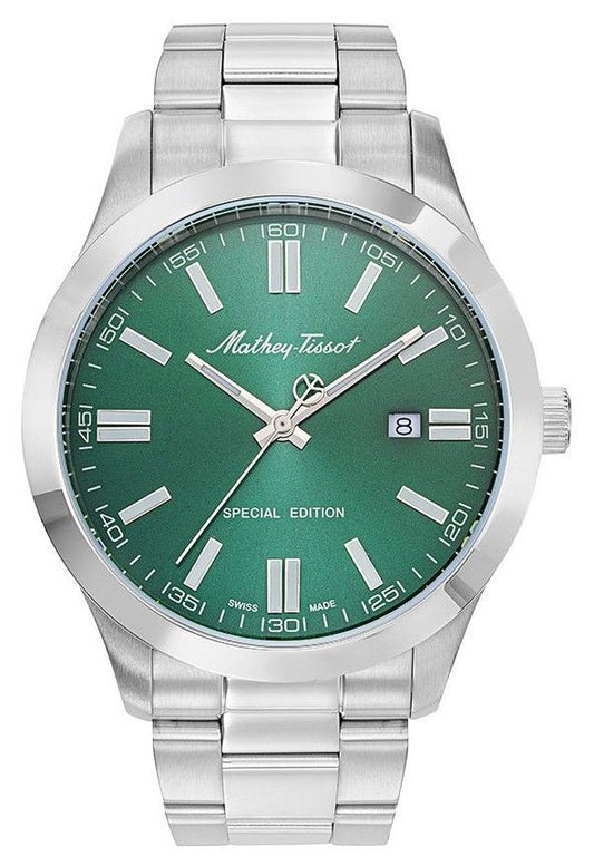 Mathey-Tissot Mathy I Date display Green Stainless steel Male H455VE.-.MT. A brand-new Mathey-Tissot Mathy watch featuring a Green dial and a Stainless steel strap. Angled view.