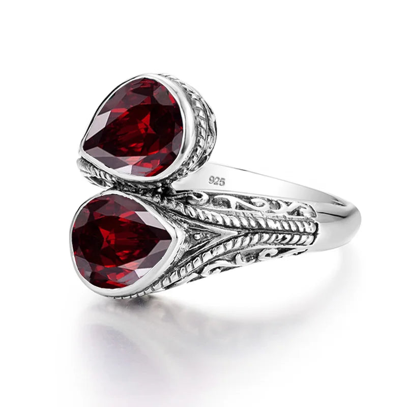Gothic Tear Drop Garnet Ring – 925 Sterling Silver, Vintage Two-Stone Jewelry, Wife Anniversary Gift