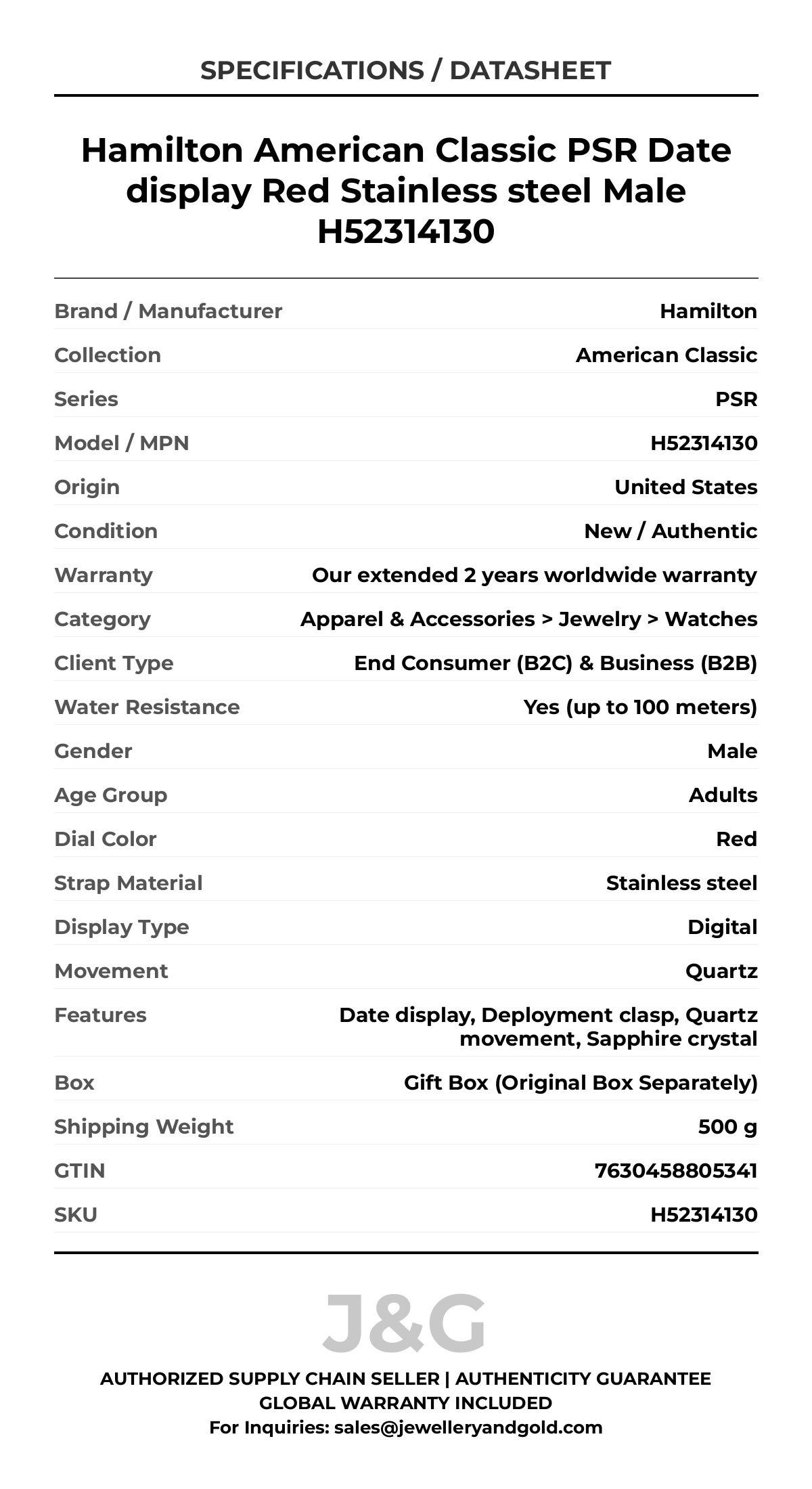 Hamilton American Classic PSR Date display Red Stainless steel Male H52314130 - Specifications