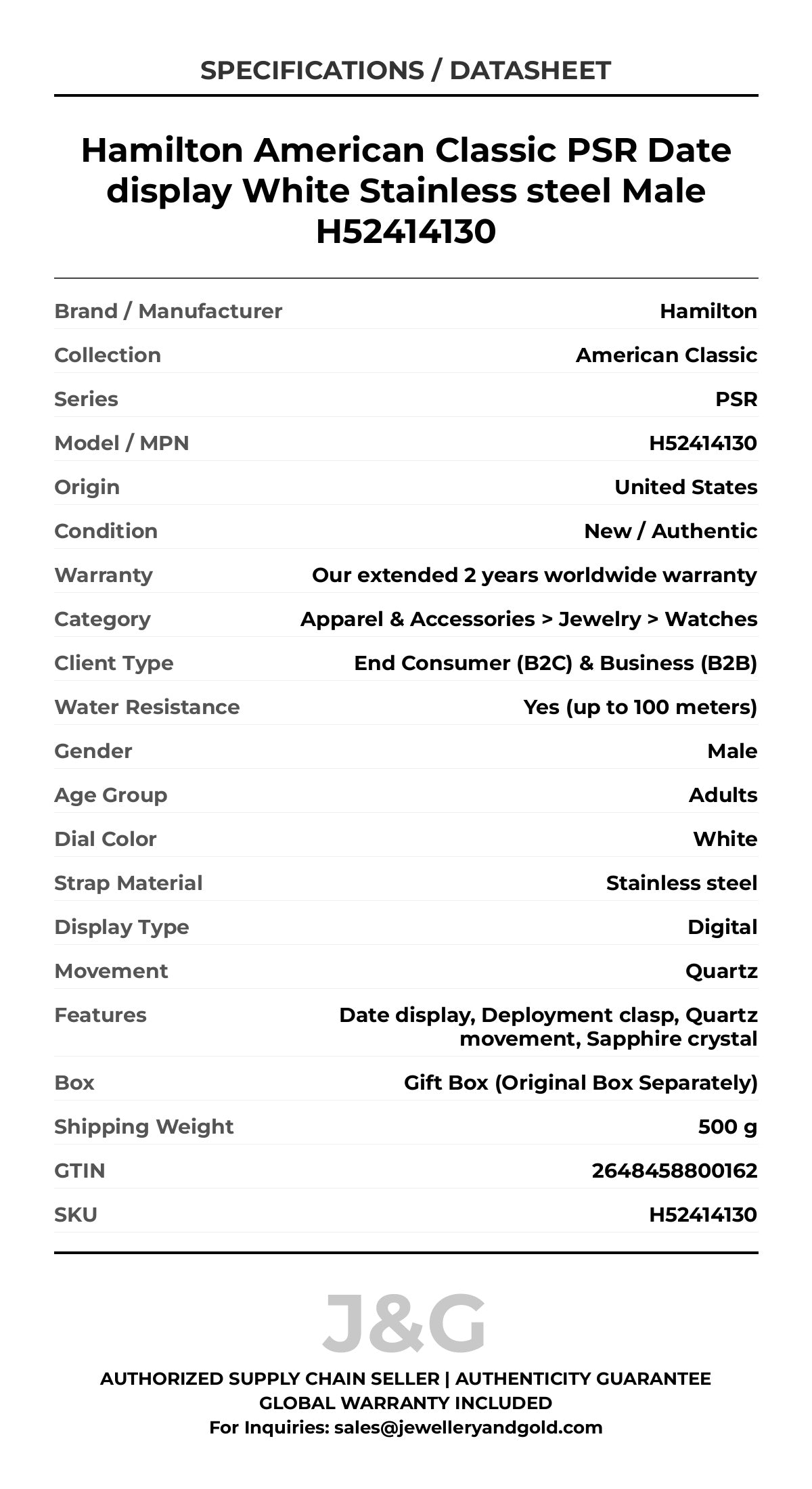 Hamilton American Classic PSR Date display White Stainless steel Male H52414130 - Specifications