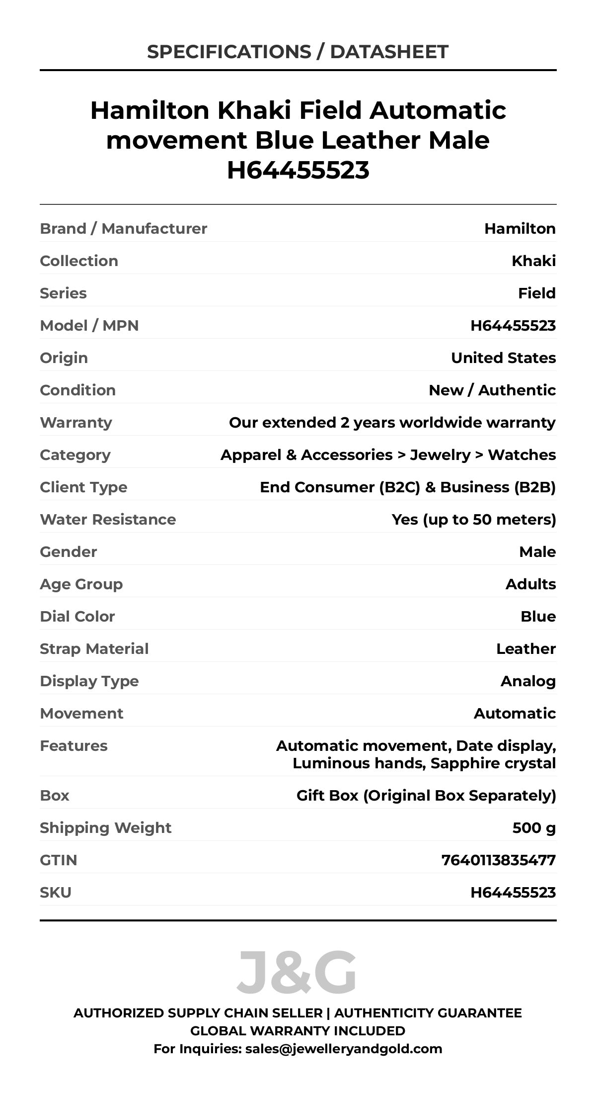 Hamilton Khaki Field Automatic movement Blue Leather Male H64455523 - Specifications