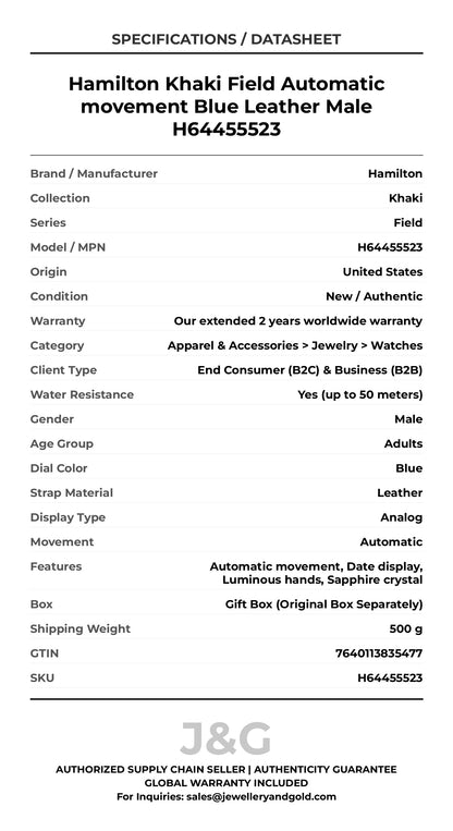 Hamilton Khaki Field Automatic movement Blue Leather Male H64455523 - Specifications