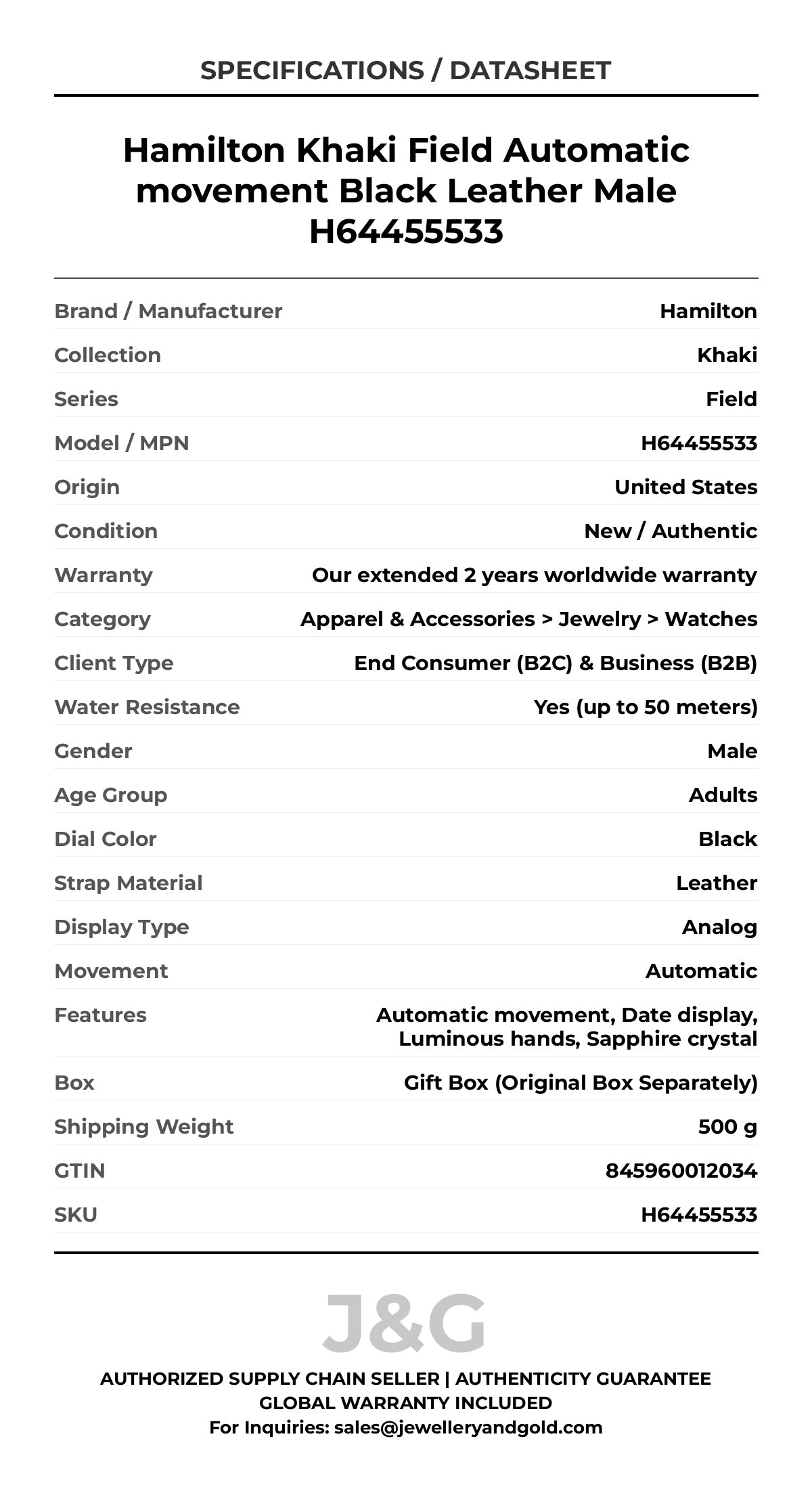 Hamilton Khaki Field Automatic movement Black Leather Male H64455533 - Specifications