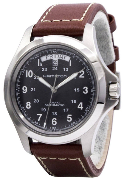 Hamilton Khaki Field Automatic movement Black Leather Male H64455533. A brand-new Hamilton Khaki watch featuring a Black dial and a Leather strap. Angled view.