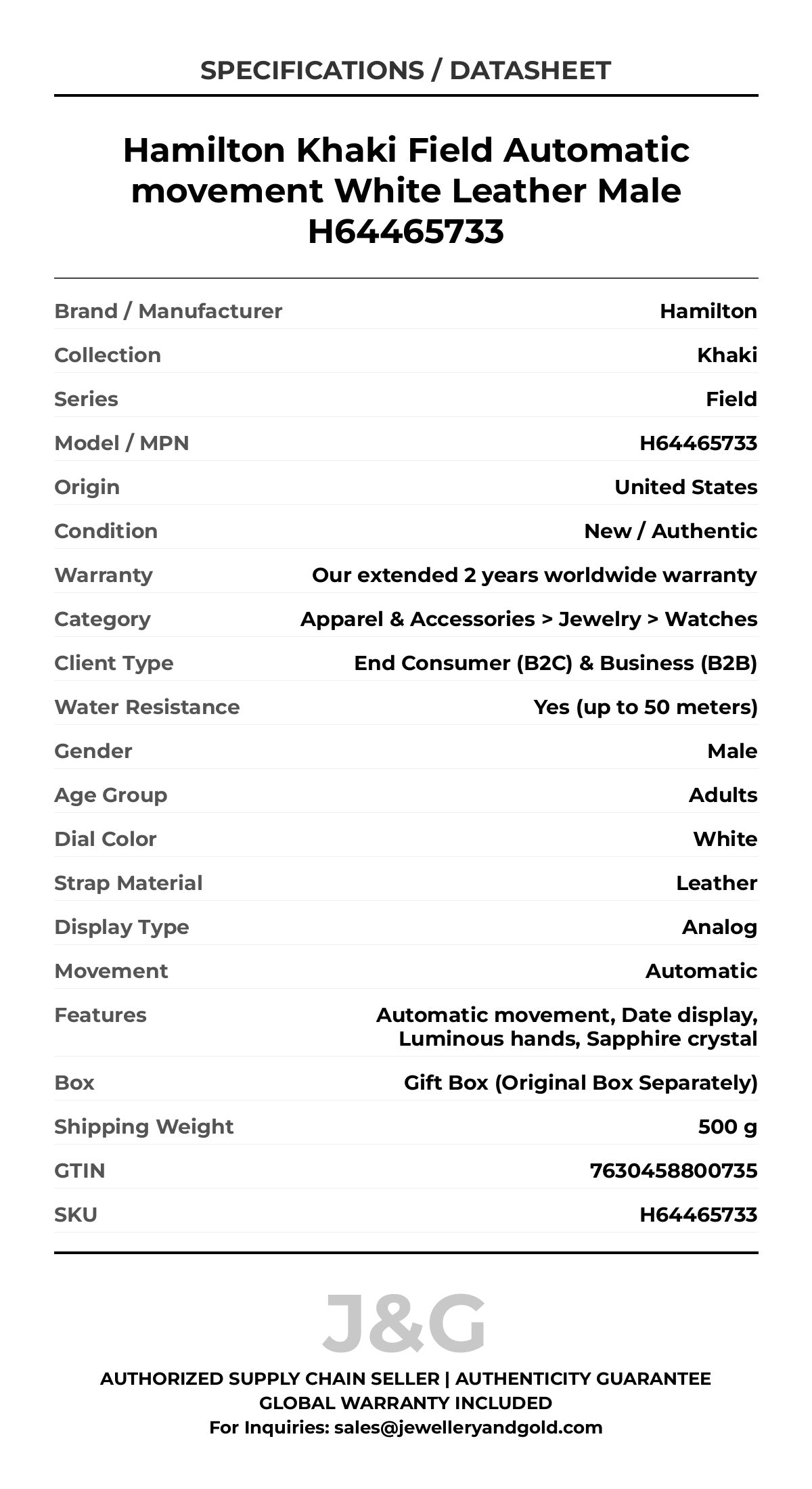 Hamilton Khaki Field Automatic movement White Leather Male H64465733 - Specifications