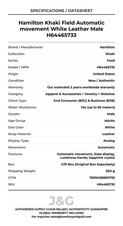 Hamilton Khaki Field Automatic movement White Leather Male H64465733 - Specifications
