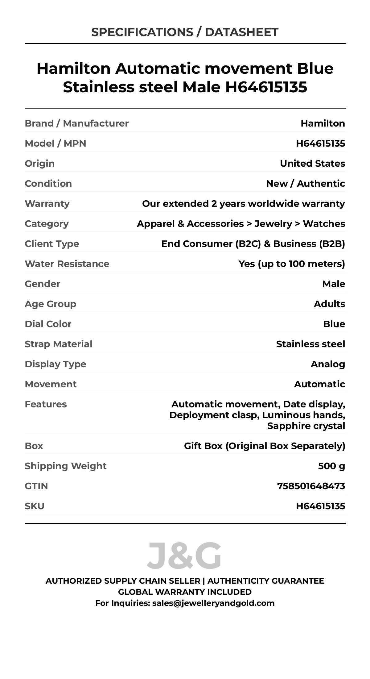 Hamilton Automatic movement Blue Stainless steel Male H64615135 - Specifications