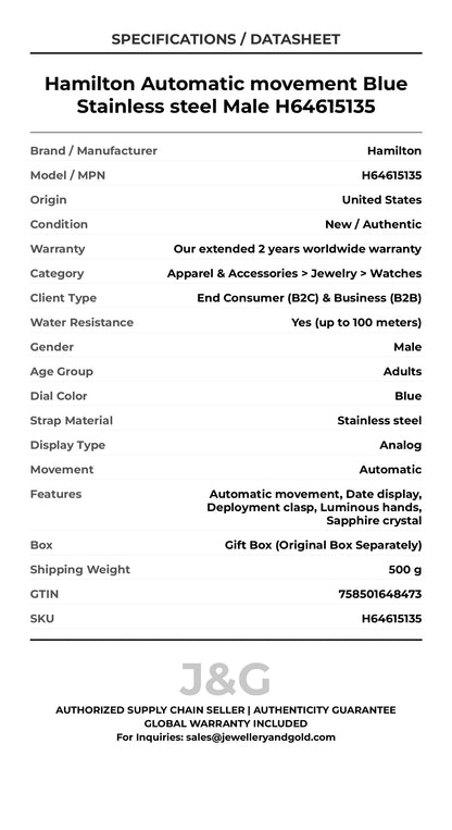 Hamilton Automatic movement Blue Stainless steel Male H64615135 - Specifications