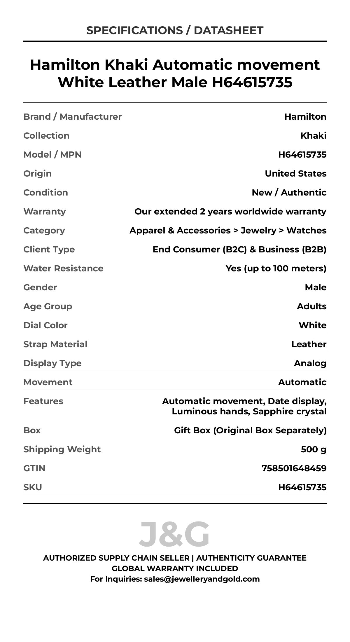 Hamilton Khaki Automatic movement White Leather Male H64615735 - Specifications
