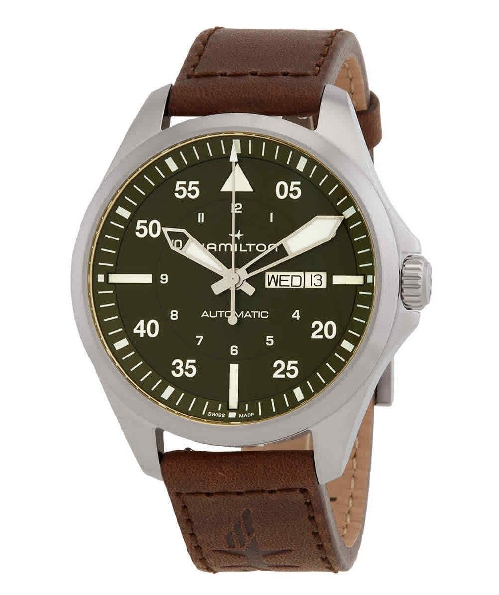 Hamilton Khaki Aviation Automatic movement Green Leather Male H64635560. A brand-new Hamilton Khaki watch featuring a Green dial and a Leather strap. Angled view.