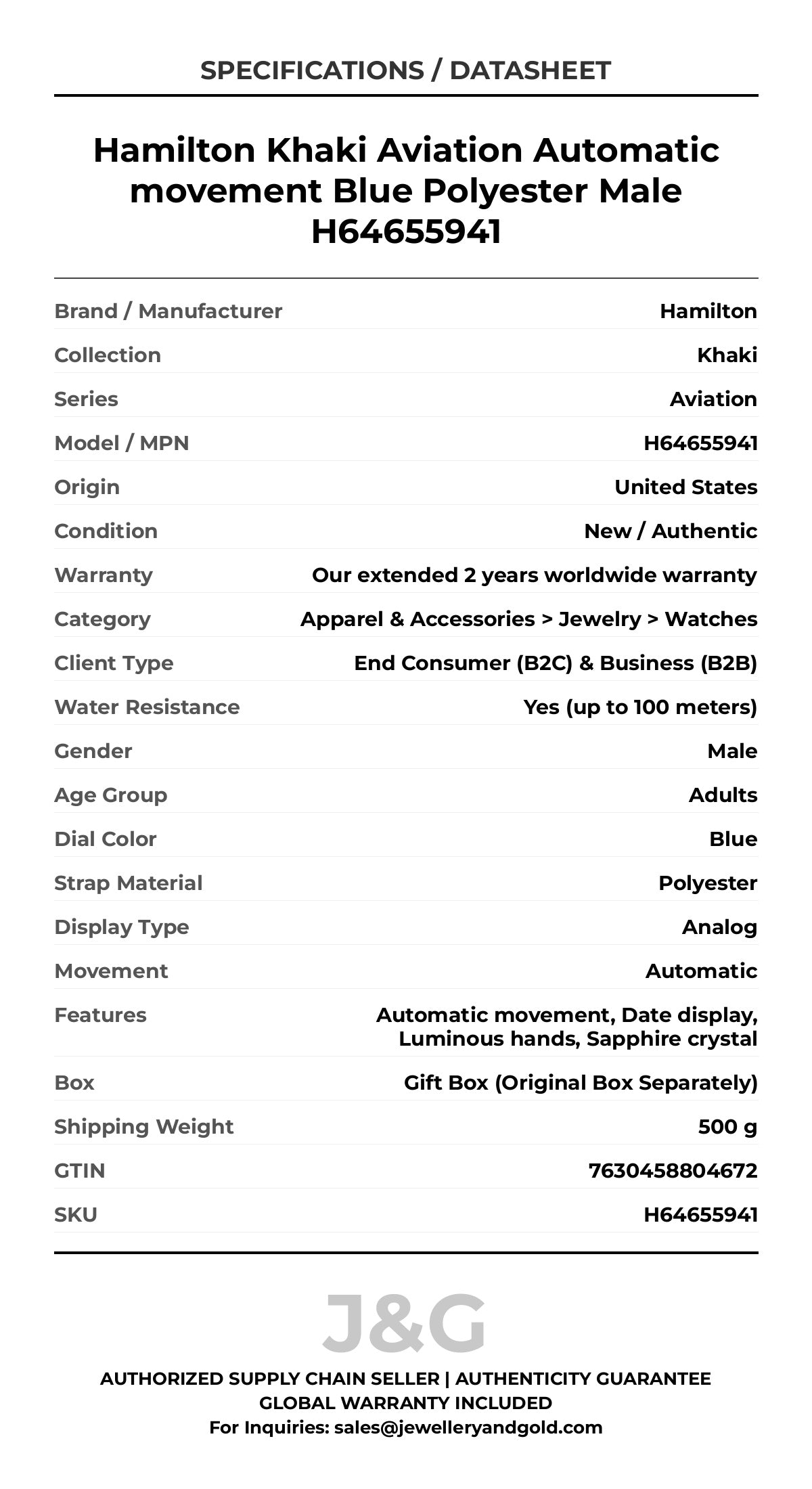 Hamilton Khaki Aviation Automatic movement Blue Polyester Male H64655941 - Specifications