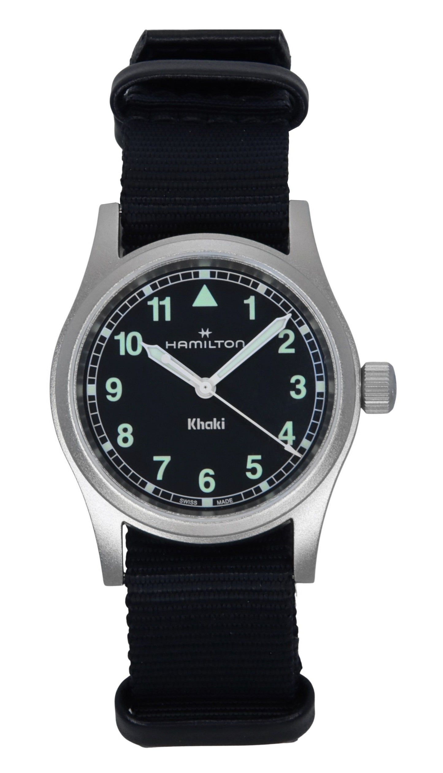 Hamilton Khaki Field Luminous hands Black Polyester Unisex H69301430. A brand-new Hamilton Khaki watch featuring a Black dial and a Polyester strap. Front view.