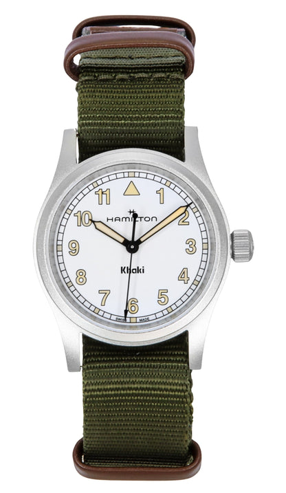 Hamilton Khaki Field Luminous hands White Polyester Unisex H69301910. A brand-new Hamilton Khaki watch featuring a White dial and a Polyester strap. Front view.