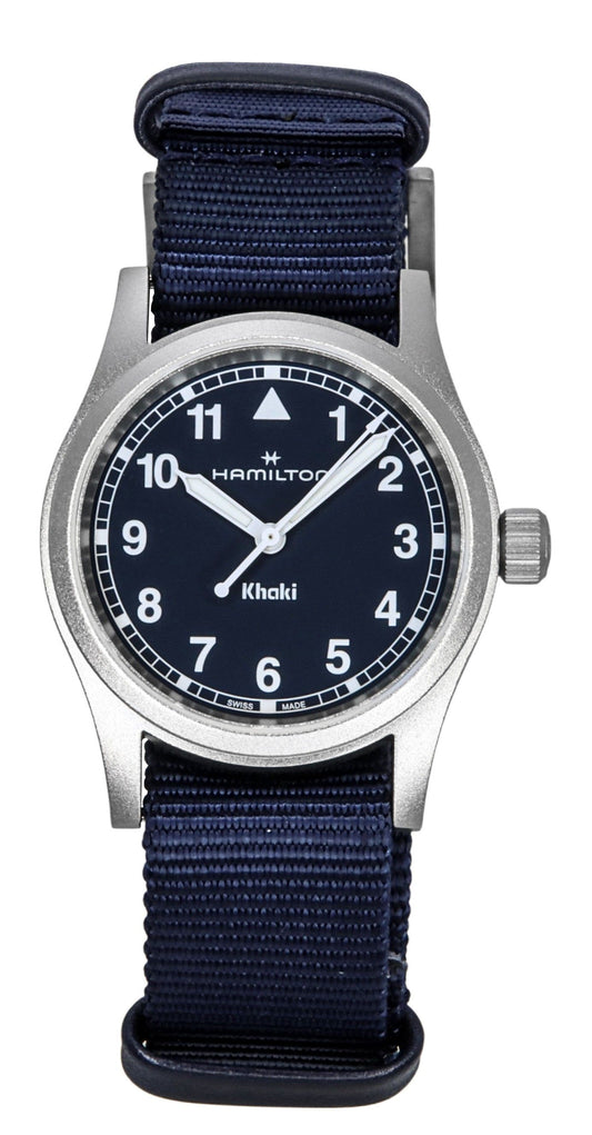 Hamilton Khaki Field Luminous hands Blue Polyester Male H69301940. A brand-new Hamilton Khaki watch featuring a Blue dial and a Polyester strap. Angled view.