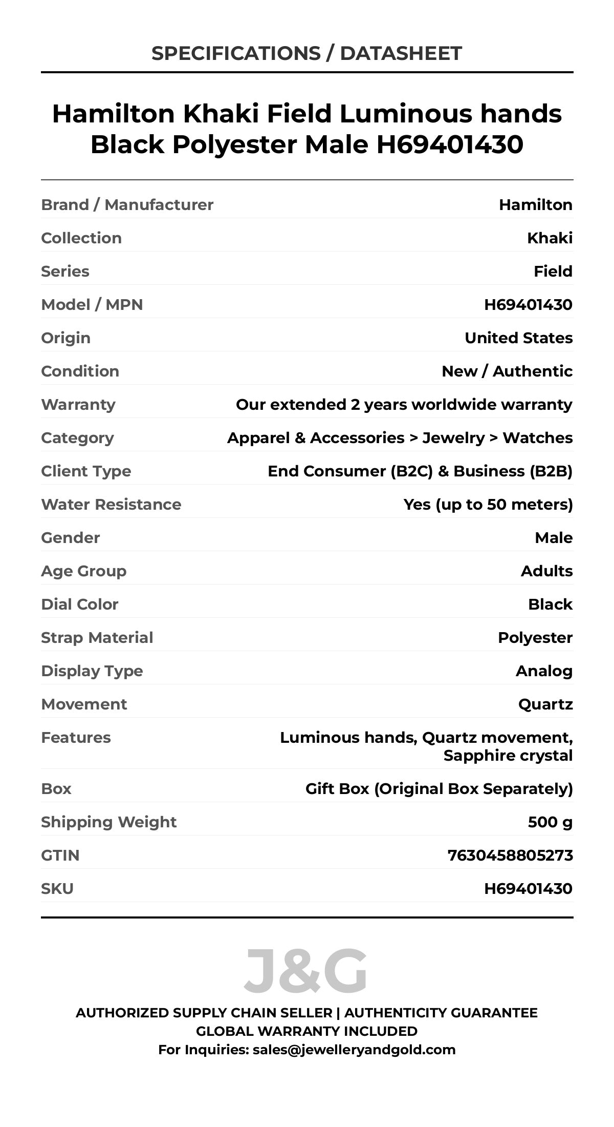 Hamilton Khaki Field Luminous hands Black Polyester Male H69401430 - Specifications