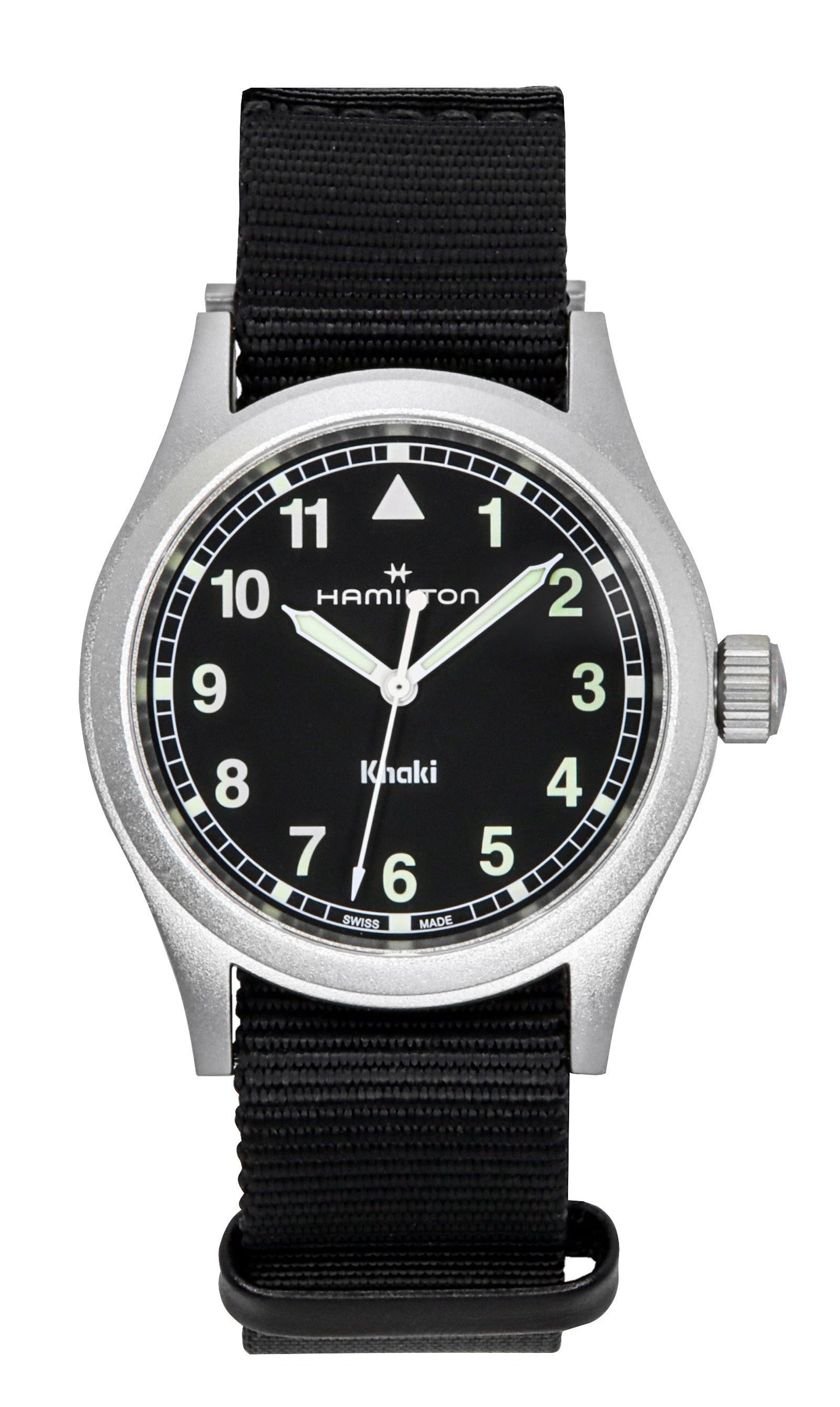 Hamilton Khaki Field Luminous hands Black Polyester Male H69401430. A brand-new Hamilton Khaki watch featuring a Black dial and a Polyester strap. Side view.