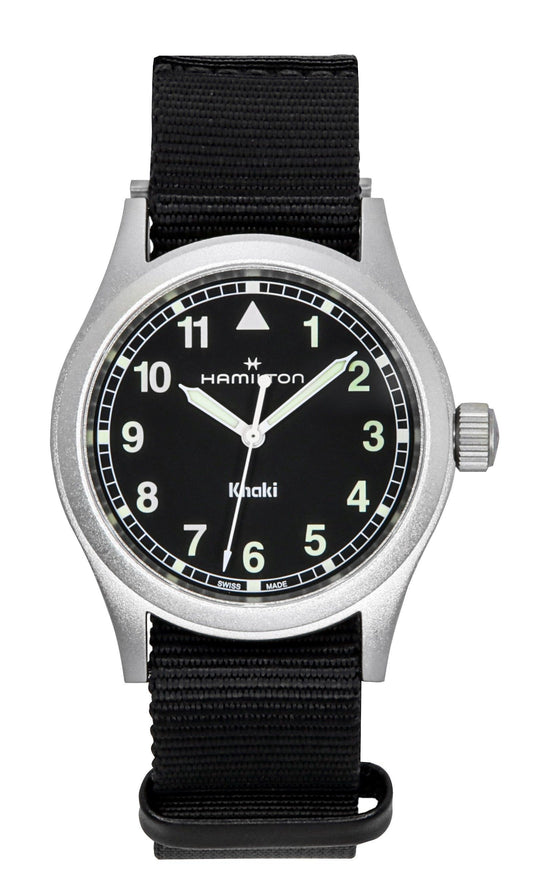 Hamilton Khaki Field Luminous hands Black Polyester Male H69401430. A brand-new Hamilton Khaki watch featuring a Black dial and a Polyester strap. Side view.