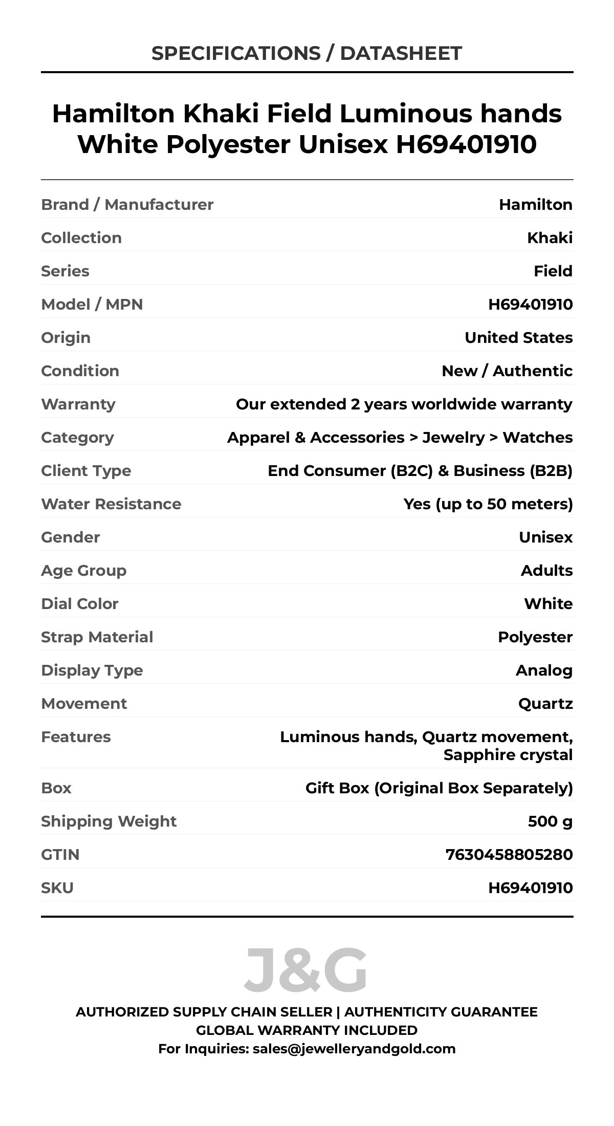 Hamilton Khaki Field Luminous hands White Polyester Unisex H69401910 - Specifications