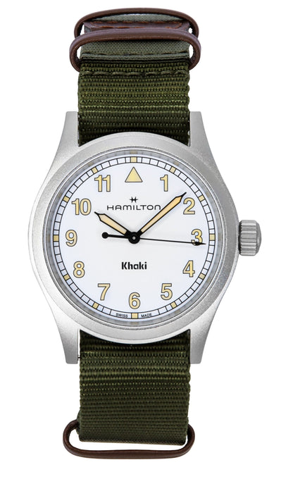 Hamilton Khaki Field Luminous hands White Polyester Unisex H69401910. A brand-new Hamilton Khaki watch featuring a White dial and a Polyester strap. Angled view.