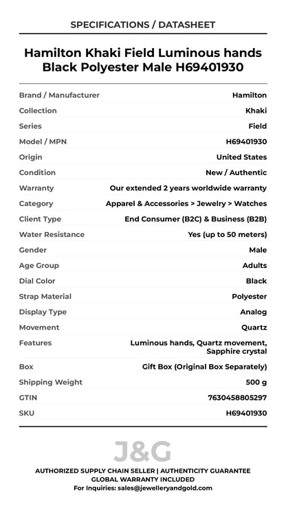 Hamilton Khaki Field Luminous hands Black Polyester Male H69401930 - Specifications