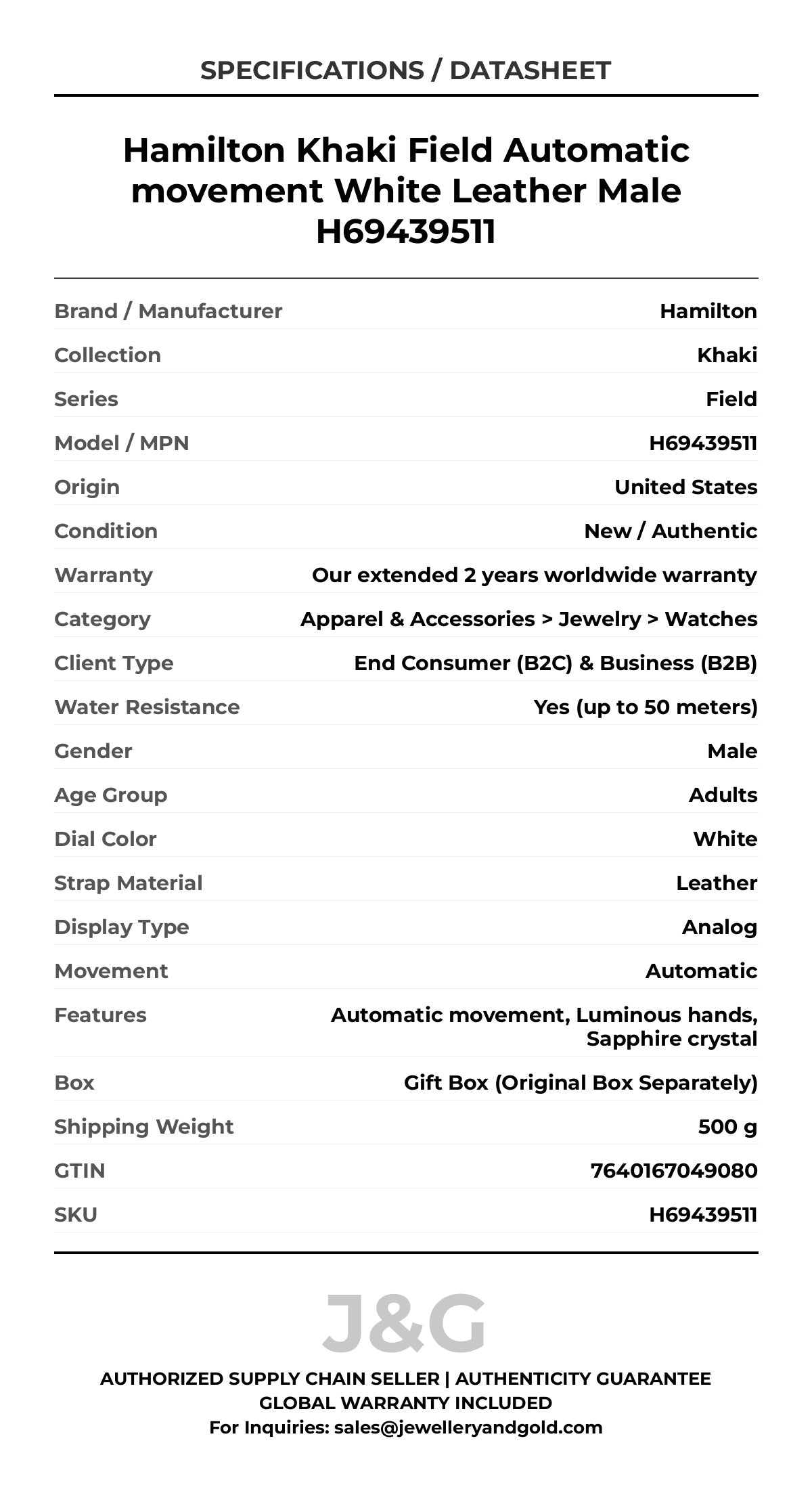 Hamilton Khaki Field Automatic movement White Leather Male H69439511 - Specifications