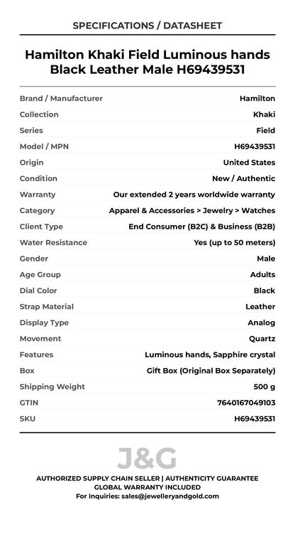 Hamilton Khaki Field Luminous hands Black Leather Male H69439531 - Specifications