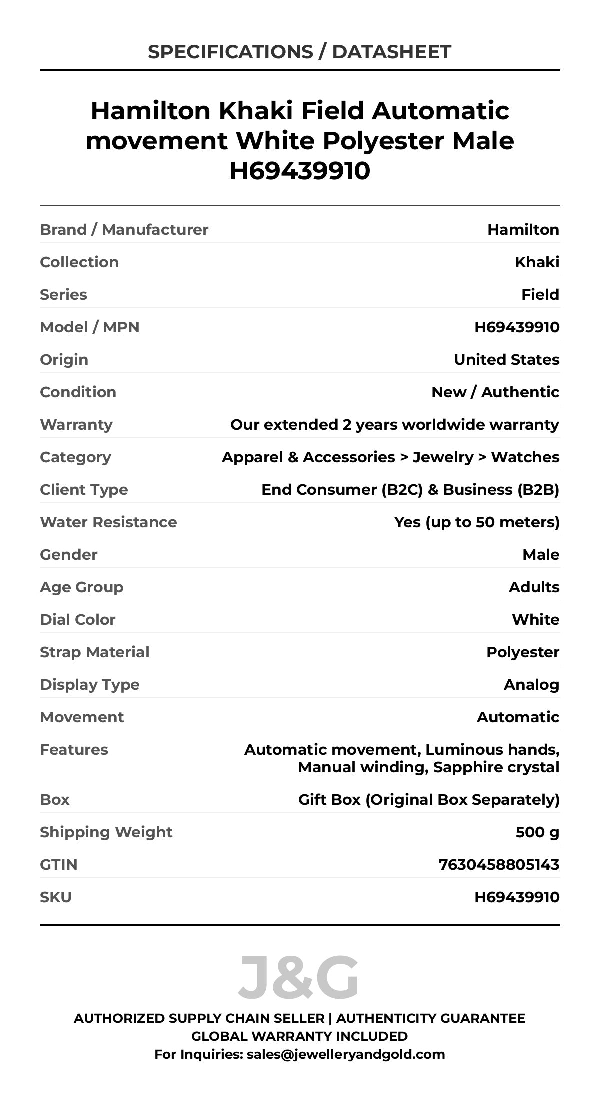 Hamilton Khaki Field Automatic movement White Polyester Male H69439910 - Specifications