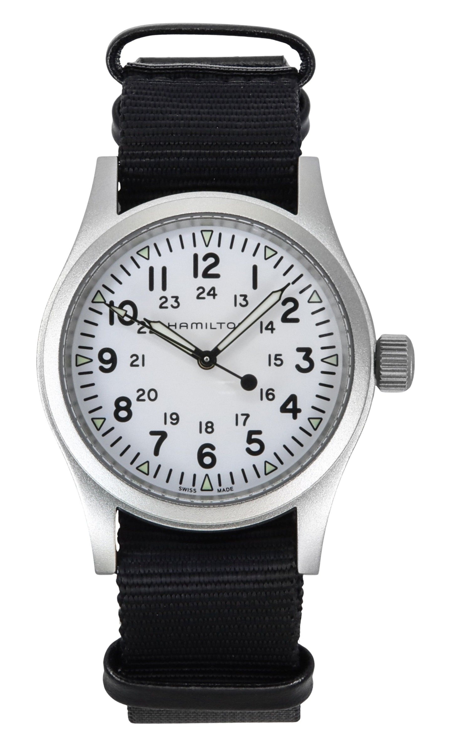 Hamilton Khaki Field Automatic movement White Polyester Male H69439910. A brand-new Hamilton Khaki watch featuring a White dial and a Polyester strap. Angled view.