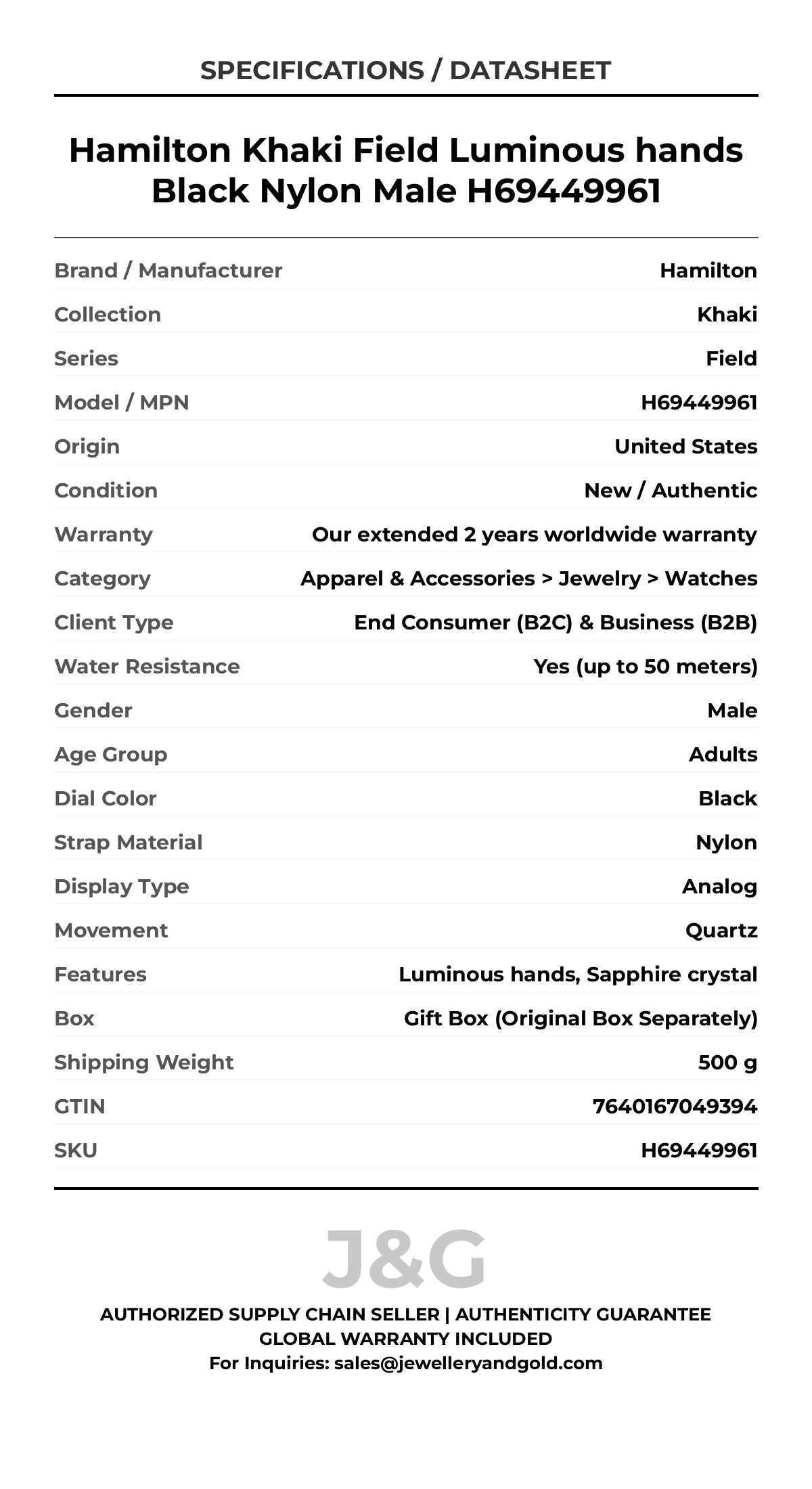 Hamilton Khaki Field Luminous hands Black Nylon Male H69449961 - Specifications