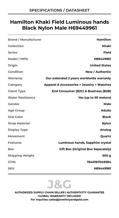 Hamilton Khaki Field Luminous hands Black Nylon Male H69449961 - Specifications