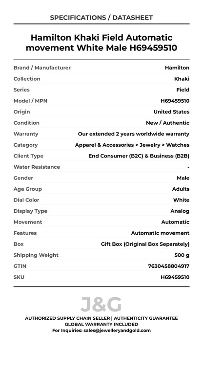 Hamilton Khaki Field Automatic movement White Male H69459510 - Specifications