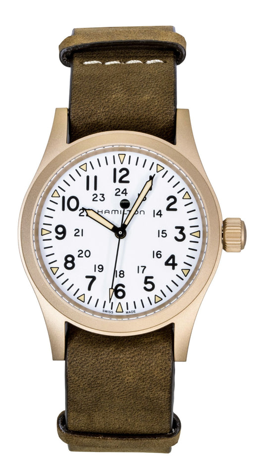 Hamilton Khaki Field Automatic movement White Male H69459510. A brand-new Hamilton Khaki watch featuring a White dial. Side view.