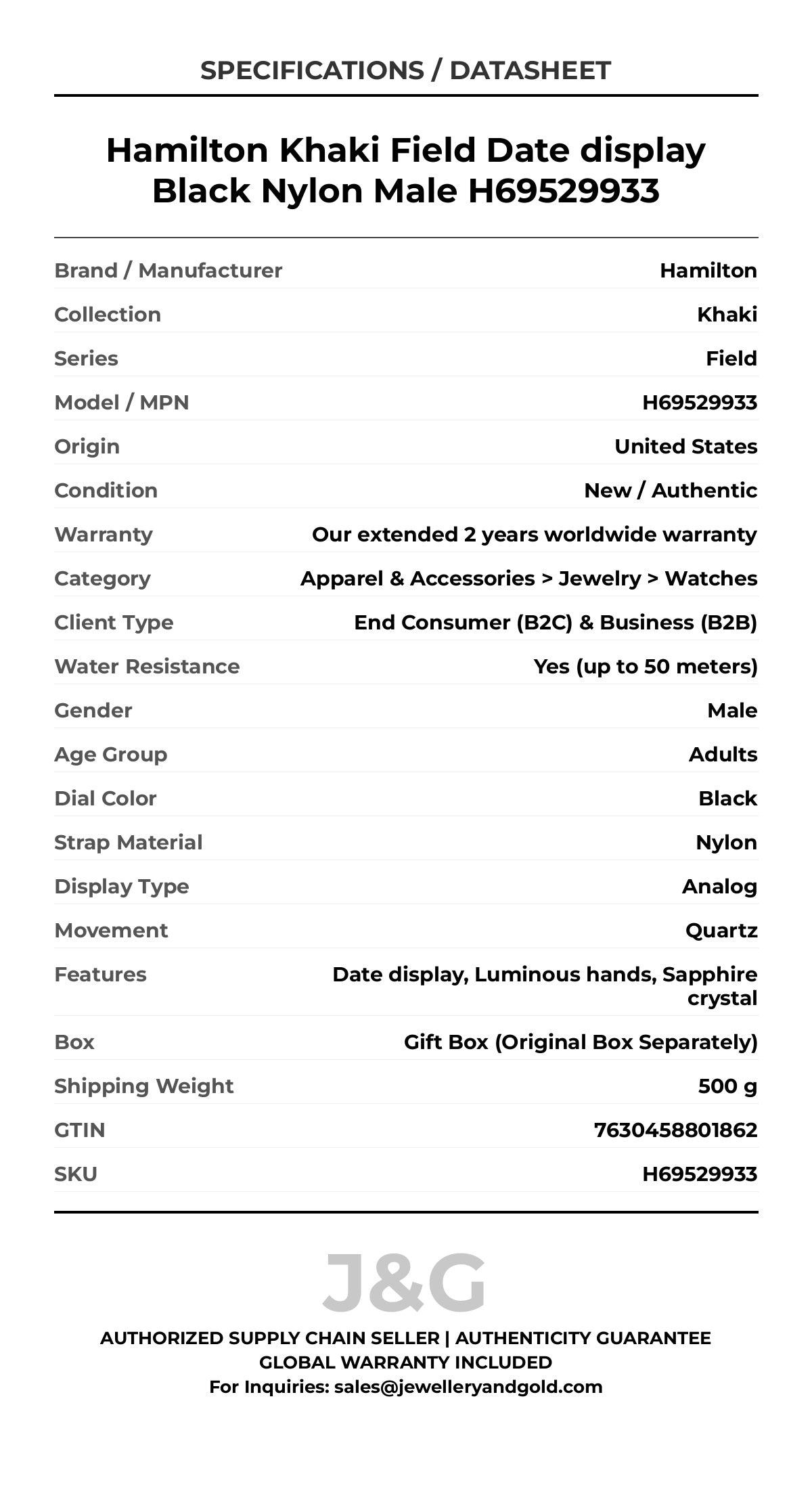 Hamilton Khaki Field Date display Black Nylon Male H69529933 - Specifications