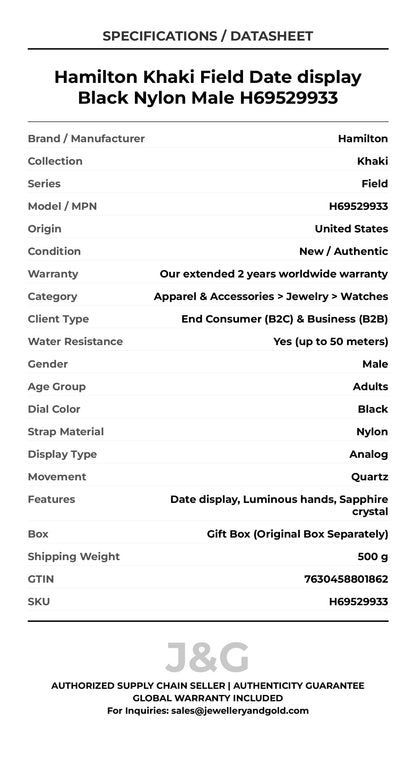 Hamilton Khaki Field Date display Black Nylon Male H69529933 - Specifications