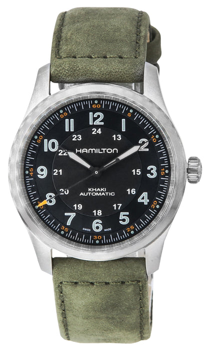 Hamilton Khaki Field Automatic movement Black Titanium Male H70205830. A brand-new Hamilton Khaki watch featuring a Black dial and a Titanium strap. Angled view.