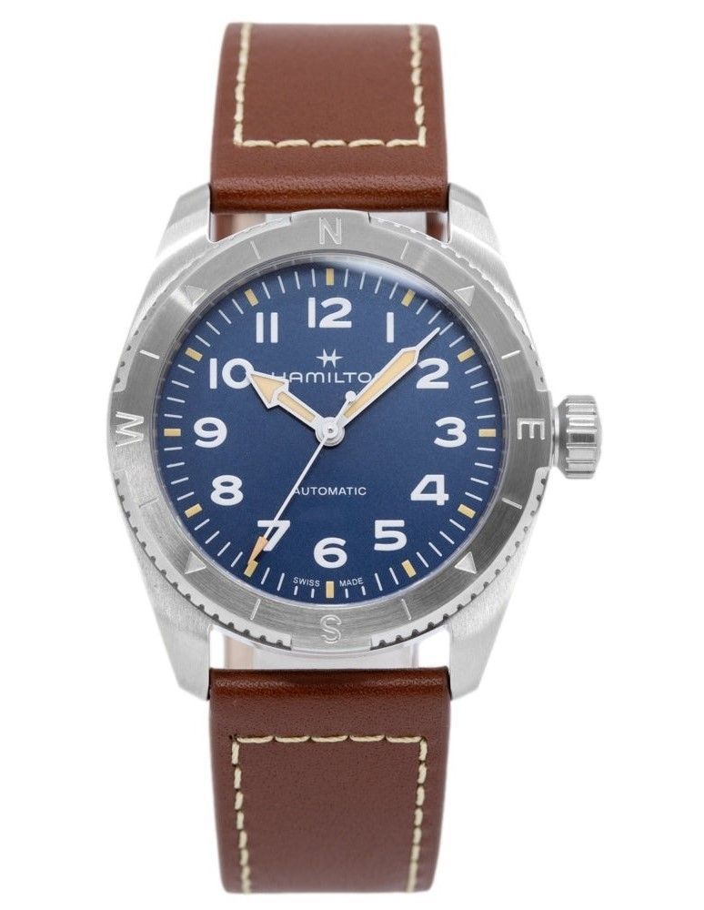 Hamilton Khaki Field Automatic movement Blue Leather Male H70225540. A brand-new Hamilton Khaki watch featuring a Blue dial and a Leather strap. Side view.