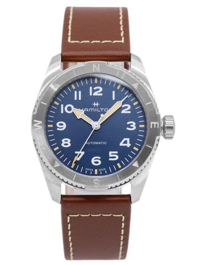 Hamilton Khaki Field Automatic movement Blue Leather Male H70225540. A brand-new Hamilton Khaki watch featuring a Blue dial and a Leather strap. Side view.